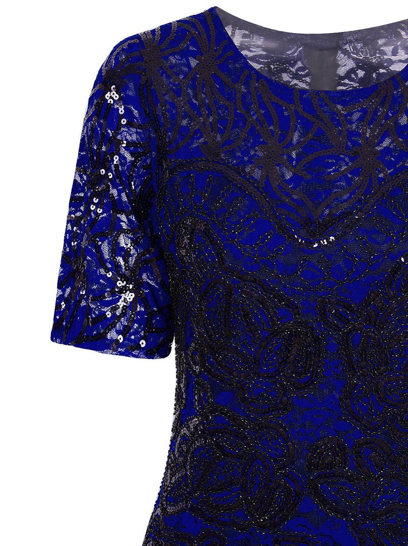 Vijiv Women Vintage Style Lace Beaded Cocktail Dress Sequin Great Gatsby Flapper Dress For Wedding Party With Sleeves,Blue,Large - Image 5